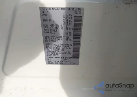 2015 Nissan Pathfinder Sl z USA, uszkodzony, nr VIN 5N1AR2MM7FC685989